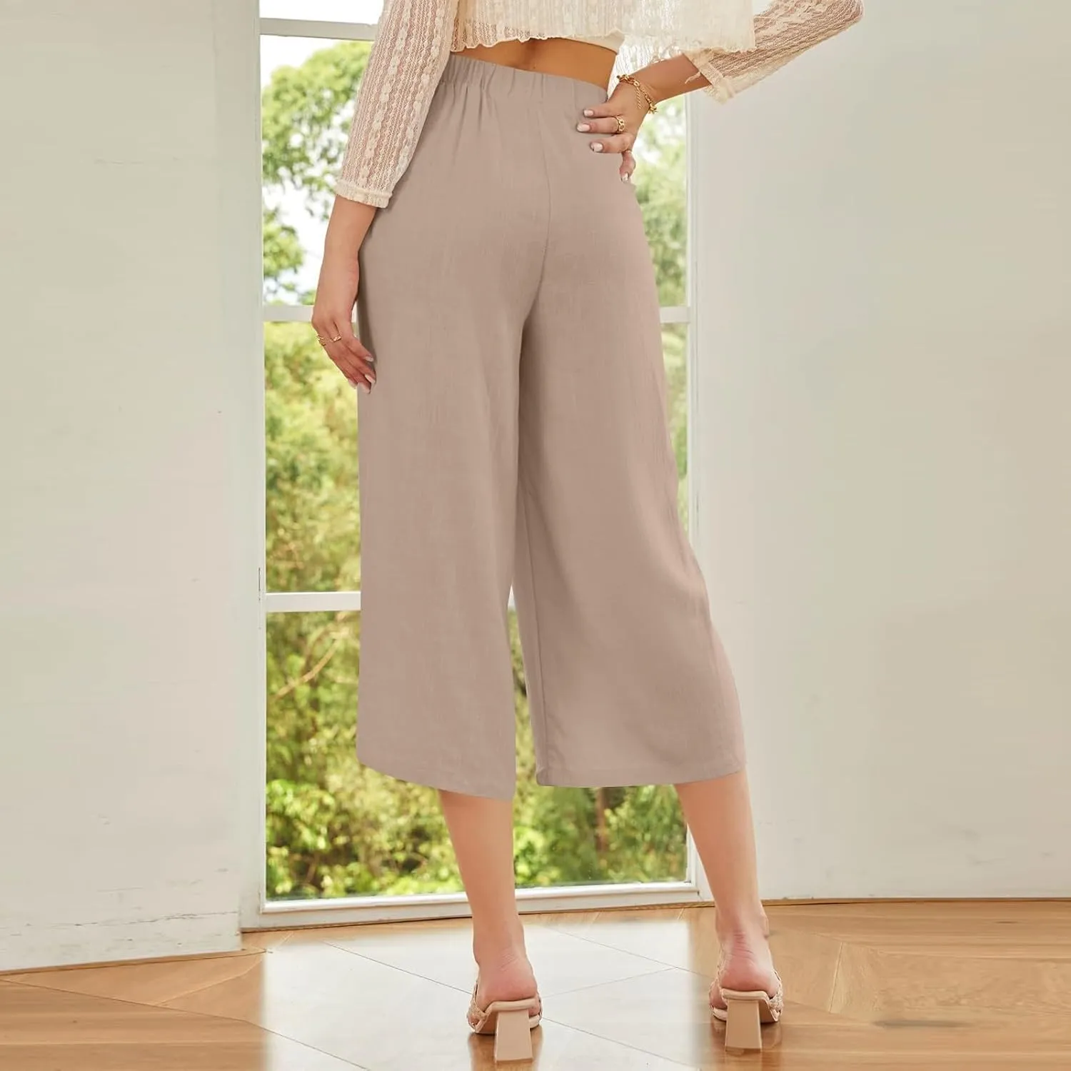 Women's Cotton Linen Summer Pants Palazzo Elastic Waist Wide Leg High Waisted Beach Trousers Palazzo with Pockets