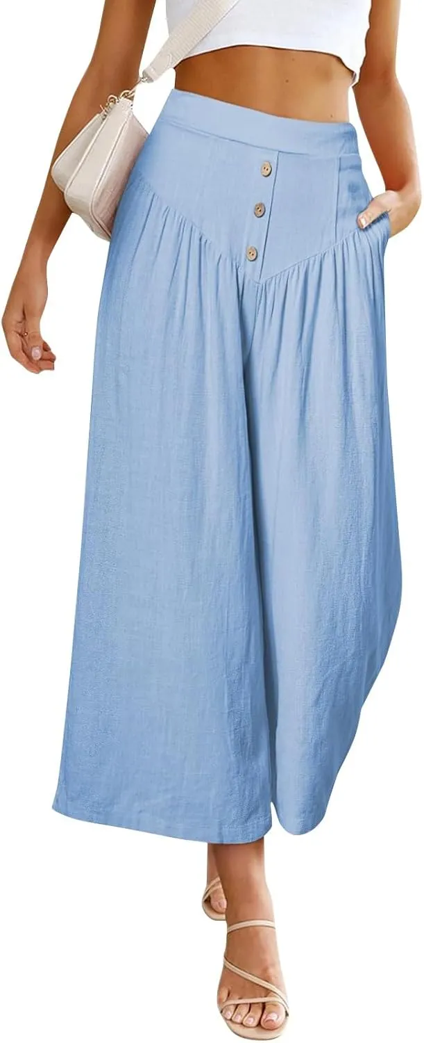 Women's Cotton Linen Summer Pants Palazzo Elastic Waist Wide Leg High Waisted Beach Trousers Palazzo with Pockets