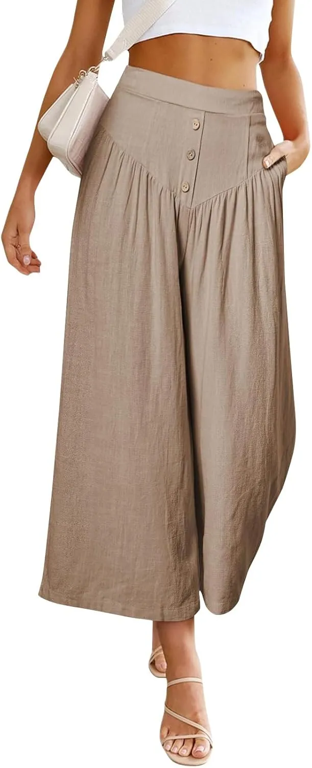 Women's Cotton Linen Summer Pants Palazzo Elastic Waist Wide Leg High Waisted Beach Trousers Palazzo with Pockets