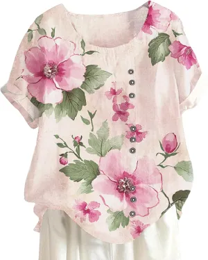 Women's Cotton Linen Tops Floral Short Sleeve Crewneck Boho Tunic Top Casual Loose Vacation T Shirt