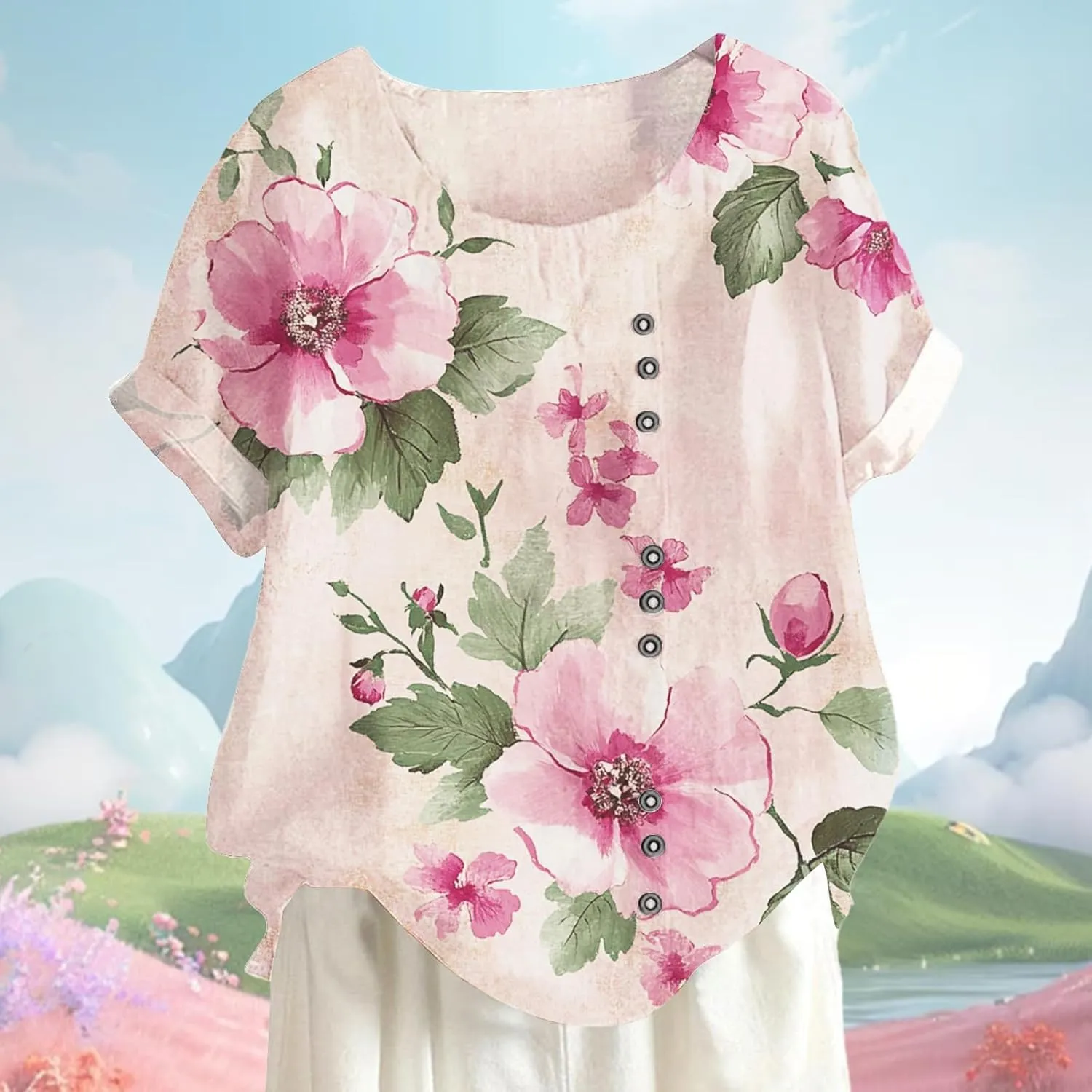 Women's Cotton Linen Tops Floral Short Sleeve Crewneck Boho Tunic Top Casual Loose Vacation T Shirt