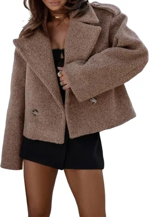 Womens Cropped Peacoat Double Breasted Notched Lapel Coat Wool Blend Short Winter Trench Jacket Casual Dressy Top