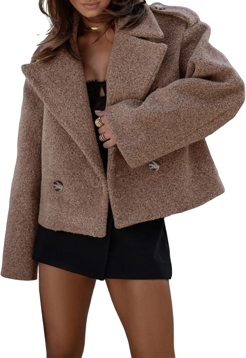 Womens Cropped Peacoat Double Breasted Notched Lapel Coat Wool Blend Short Winter Trench Jacket Casual Dressy Top