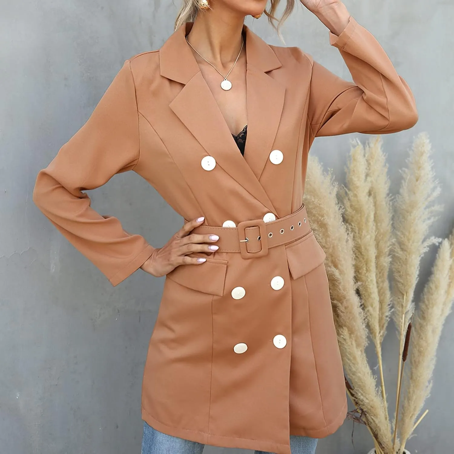 Women's Double Breasted Trench Coats Notched Lapel Belted Long Blazer Overcoat Elegant Business Casual Suit Jackets