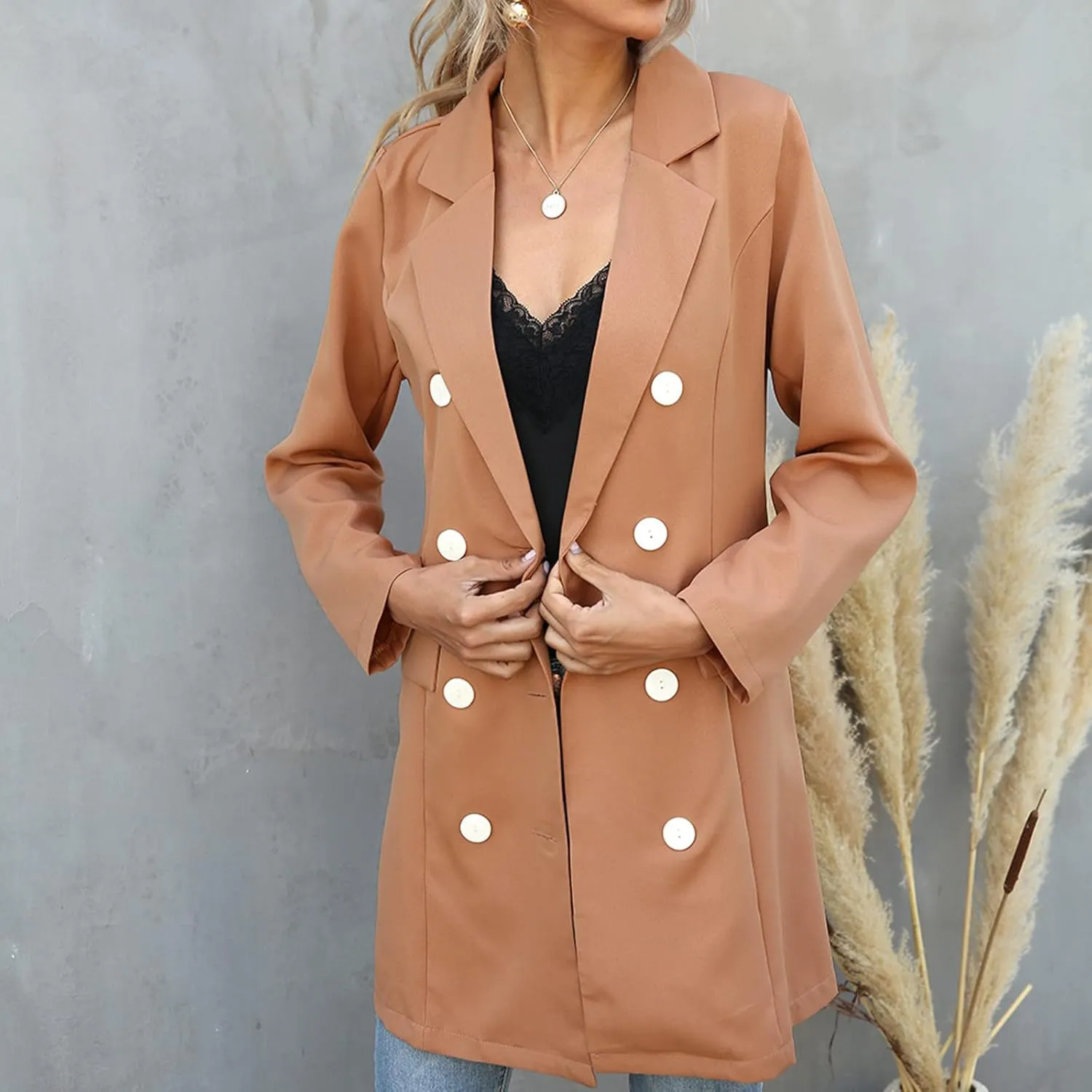 Women's Double Breasted Trench Coats Notched Lapel Belted Long Blazer Overcoat Elegant Business Casual Suit Jackets