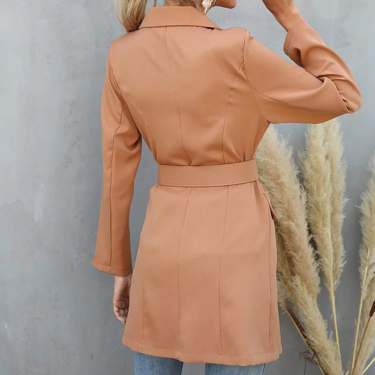 Women's Double Breasted Trench Coats Notched Lapel Belted Long Blazer Overcoat Elegant Business Casual Suit Jackets