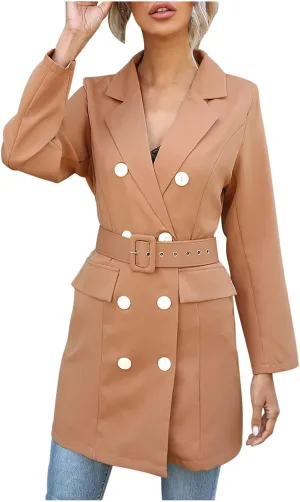 Women's Double Breasted Trench Coats Notched Lapel Belted Long Blazer Overcoat Elegant Business Casual Suit Jackets