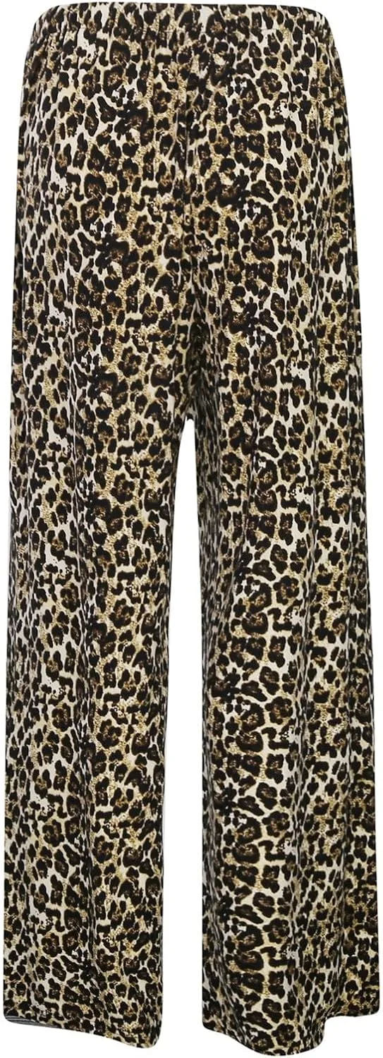 Women's Drawstring Waist Leopard Print Trousers Elastic High Waist Wide Leg Long Pants Comfy Casual Lounge Pants