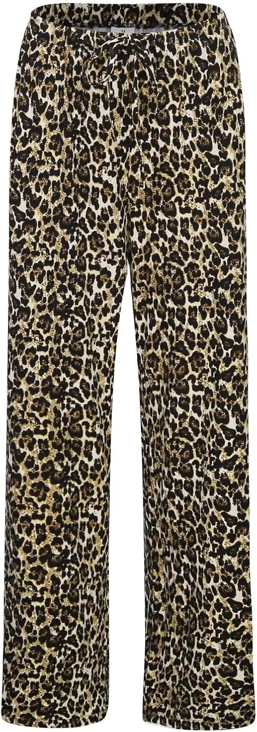 Women's Drawstring Waist Leopard Print Trousers Elastic High Waist Wide Leg Long Pants Comfy Casual Lounge Pants