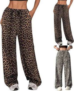 Women's Drawstring Waist Leopard Print Trousers Elastic High Waist Wide Leg Long Pants Comfy Casual Lounge Pants
