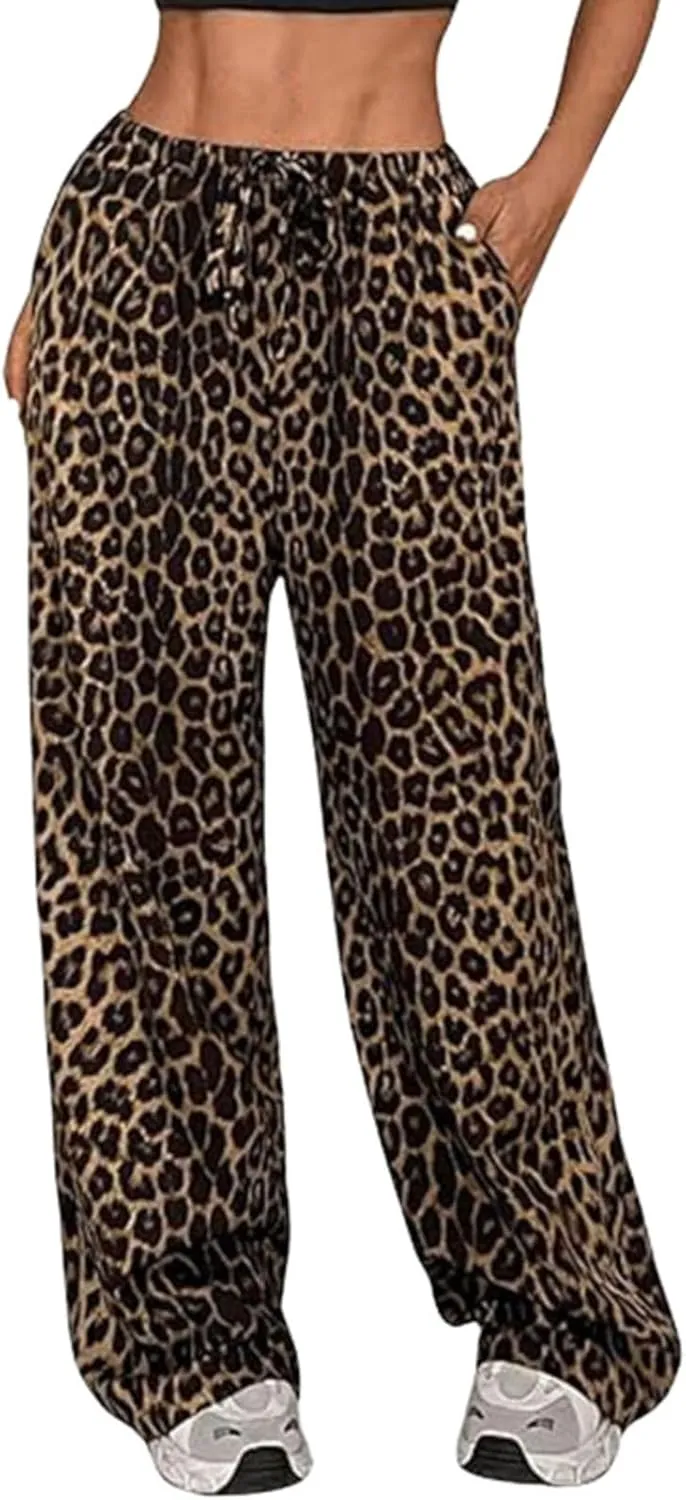 Women's Drawstring Waist Leopard Print Trousers Elastic High Waist Wide Leg Long Pants Comfy Casual Lounge Pants