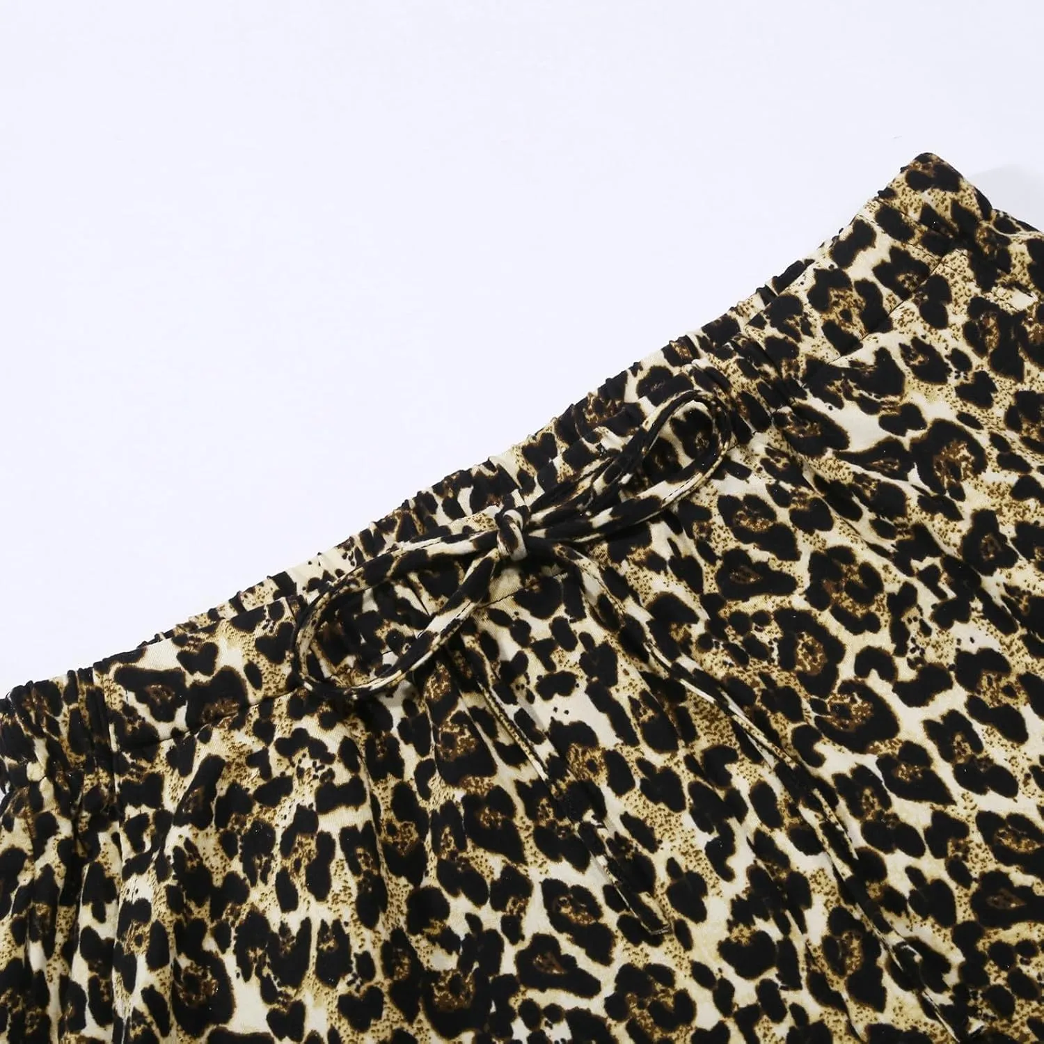 Women's Drawstring Waist Leopard Print Trousers Elastic High Waist Wide Leg Long Pants Comfy Casual Lounge Pants