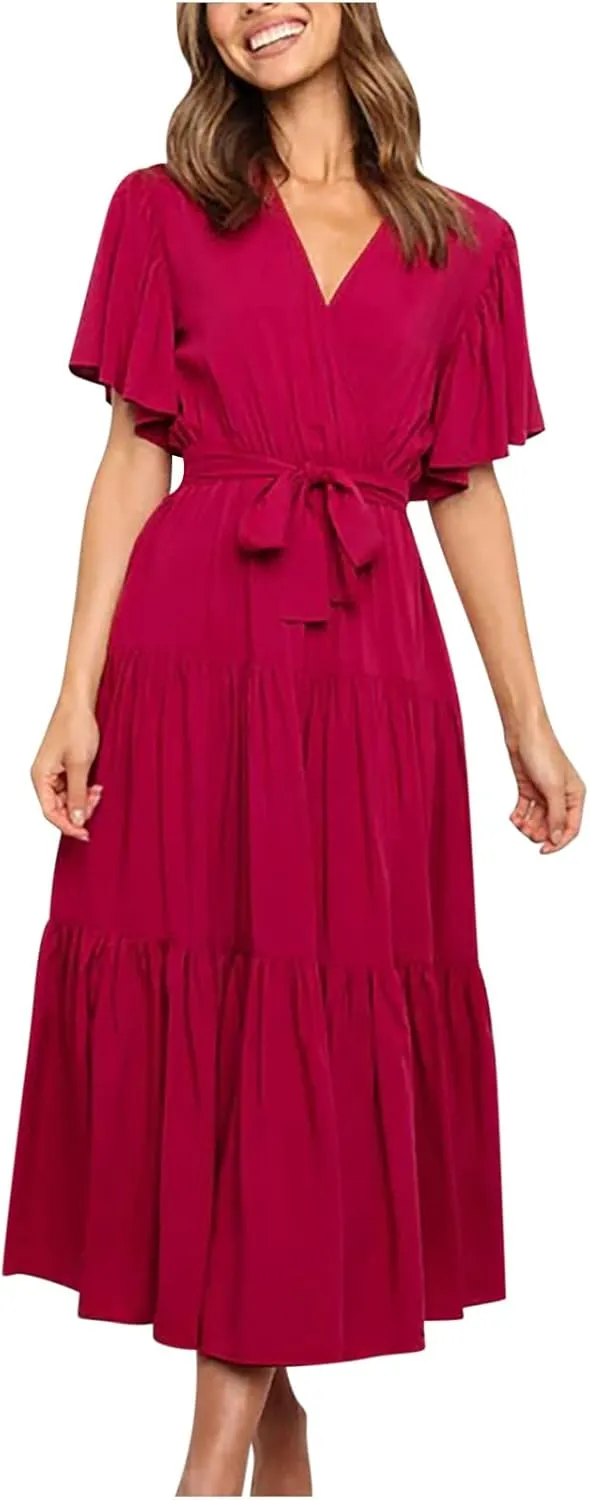 Womens Dresses Summer Casual Cross V Neck Maxi Dress Tie Waist Flutter Sleeve Tiered Ruffle Boho Beach Sundress