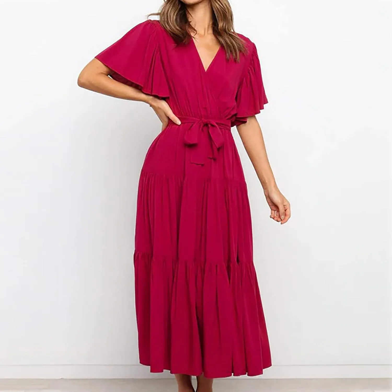 Womens Dresses Summer Casual Cross V Neck Maxi Dress Tie Waist Flutter Sleeve Tiered Ruffle Boho Beach Sundress