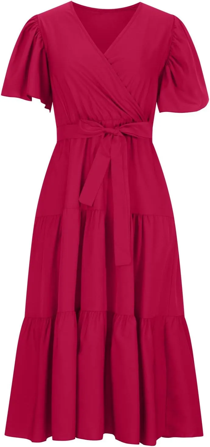 Womens Dresses Summer Casual Cross V Neck Maxi Dress Tie Waist Flutter Sleeve Tiered Ruffle Boho Beach Sundress
