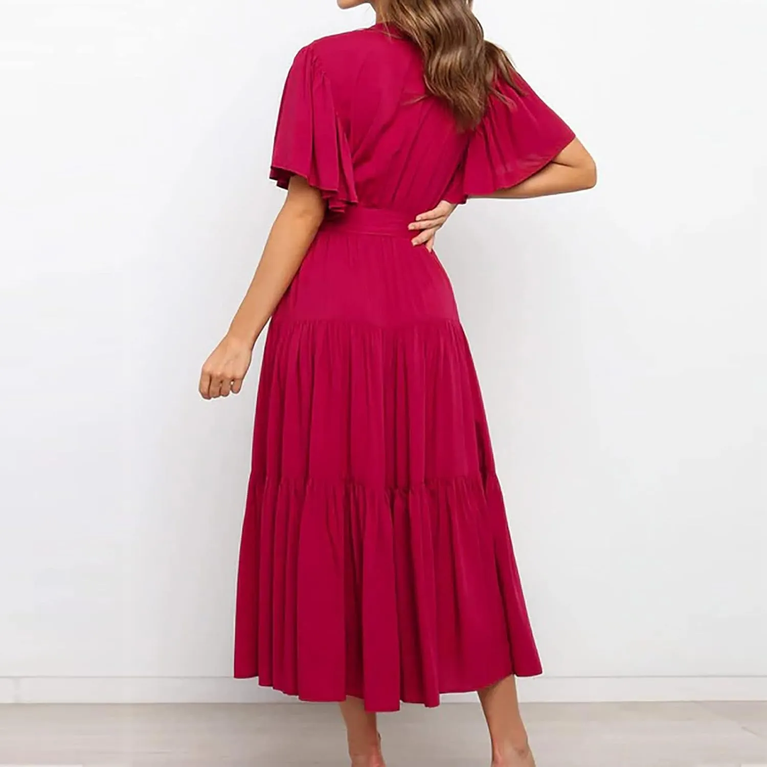 Womens Dresses Summer Casual Cross V Neck Maxi Dress Tie Waist Flutter Sleeve Tiered Ruffle Boho Beach Sundress