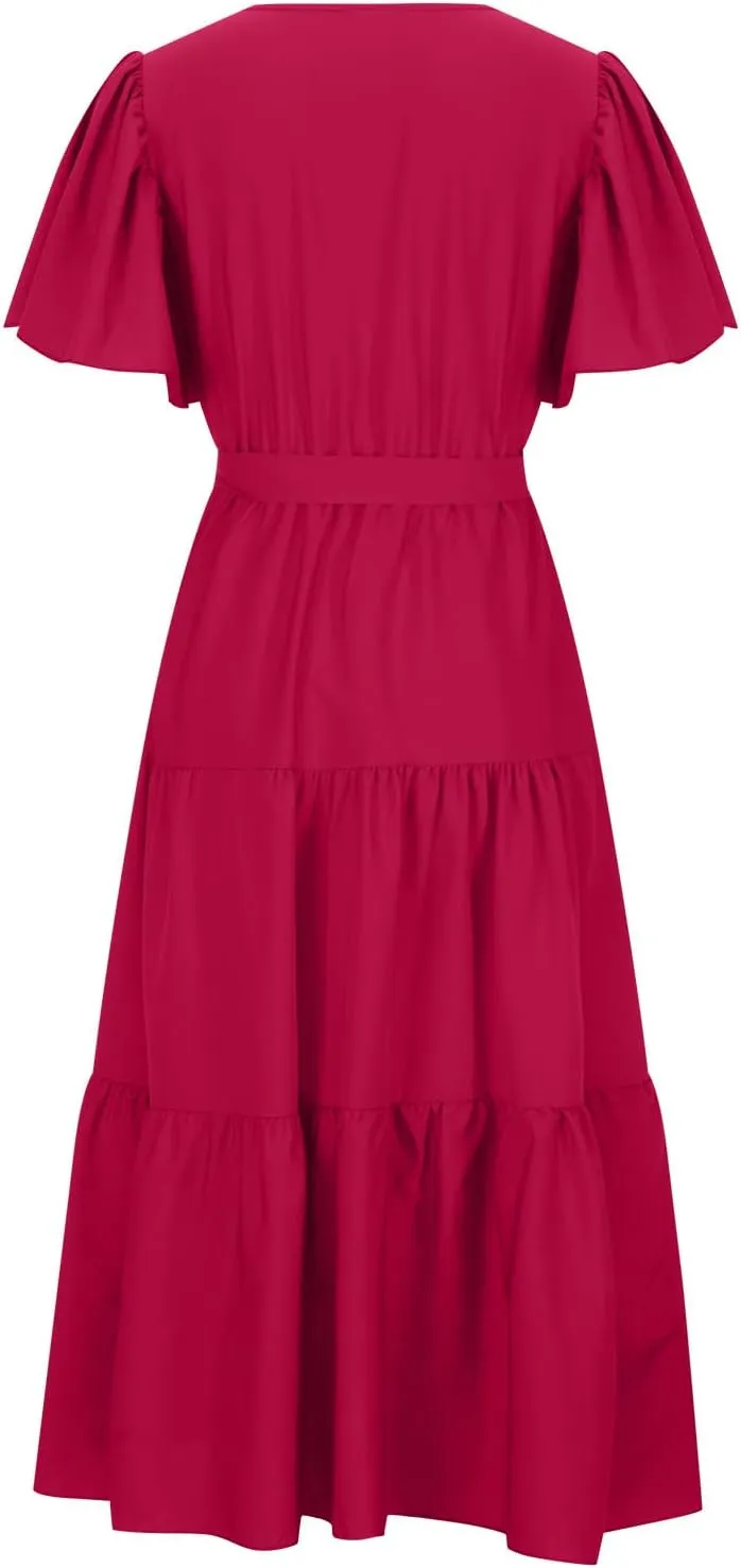 Womens Dresses Summer Casual Cross V Neck Maxi Dress Tie Waist Flutter Sleeve Tiered Ruffle Boho Beach Sundress