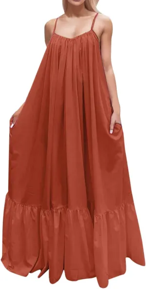 Womens Elegant Sleeveless Color Block Pleated Maxi Dress Low Cut Patchwork Swing Dress High Waist A Line Flowy Sling Dress