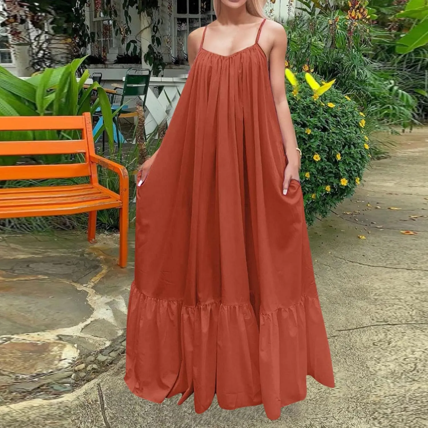 Womens Elegant Sleeveless Color Block Pleated Maxi Dress Low Cut Patchwork Swing Dress High Waist A Line Flowy Sling Dress