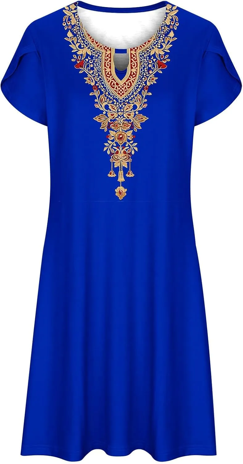 Women's Embroidered Mexican Dresses 2024 Summer Short Sleeve Mini Dress Trendy Casual Loose Flowy Beach Sun Dresses