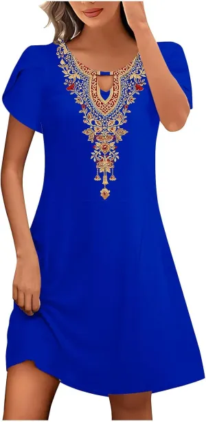 Women's Embroidered Mexican Dresses 2024 Summer Short Sleeve Mini Dress Trendy Casual Loose Flowy Beach Sun Dresses