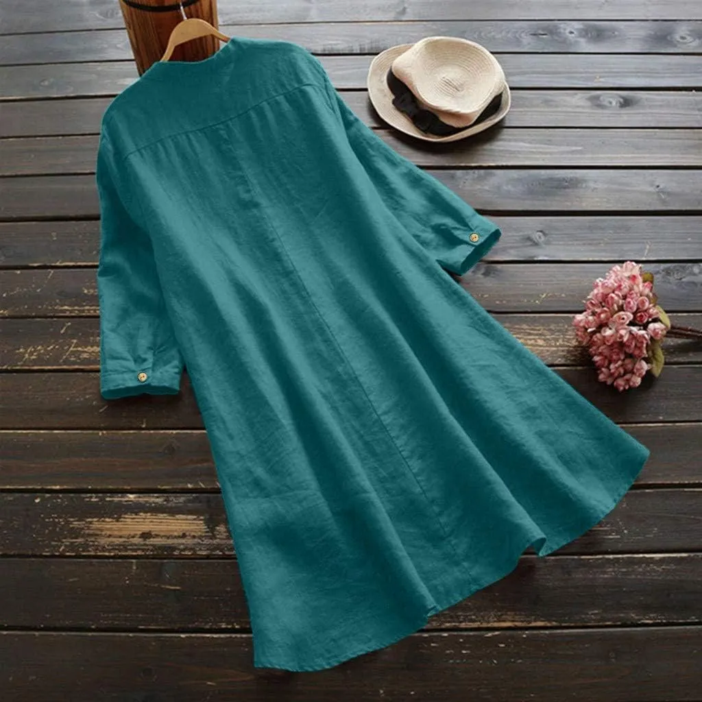 Women's Ethnic Embroidered Floral Shirt Collar Button Summer Loose Short Sleeved Blouse Cotton Linen Tops