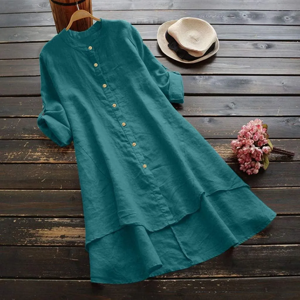 Women's Ethnic Embroidered Floral Shirt Collar Button Summer Loose Short Sleeved Blouse Cotton Linen Tops