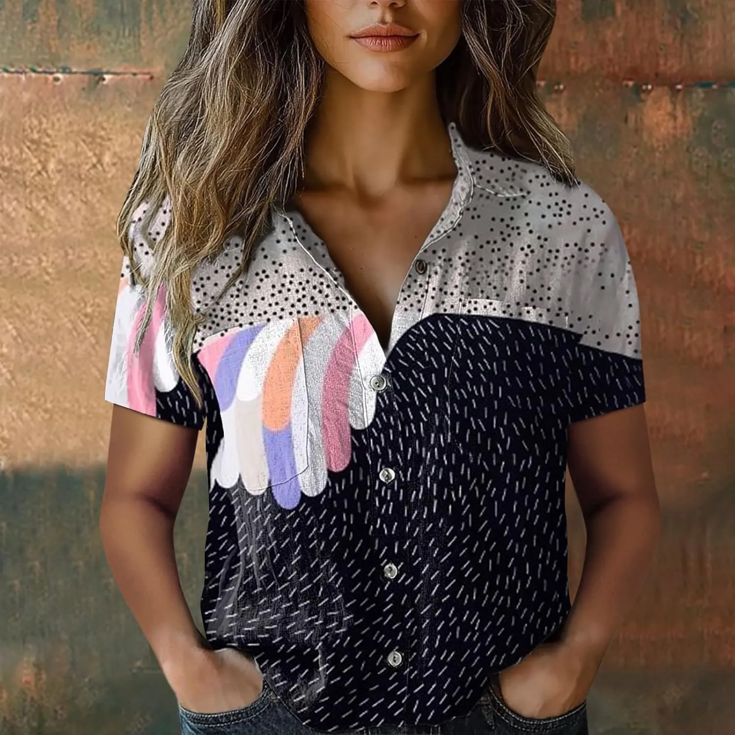 Womens Ethnic Shirts Floral Print Short Sleeve V Neck Button Down Shirt Vintage Causal Boho Blouses Gauze Tunic Tops