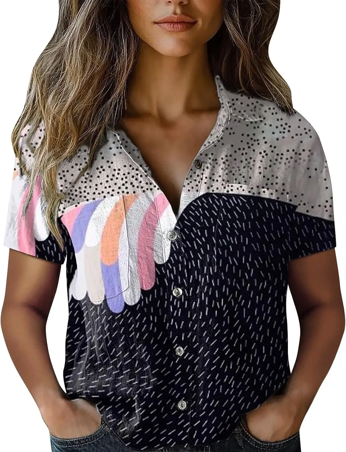 Womens Ethnic Shirts Floral Print Short Sleeve V Neck Button Down Shirt Vintage Causal Boho Blouses Gauze Tunic Tops