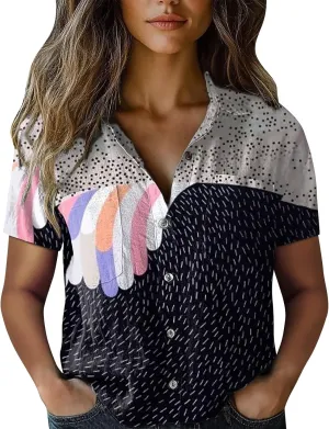 Womens Ethnic Shirts Floral Print Short Sleeve V Neck Button Down Shirt Vintage Causal Boho Blouses Gauze Tunic Tops