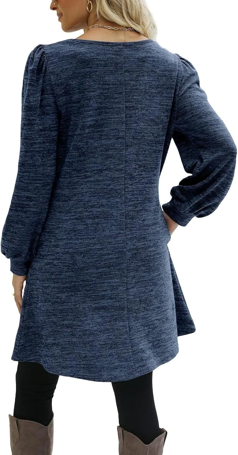 Women's Fall Flowy Casual Long Sleeve Crew Neck Button Solid Wedding Guest Dress