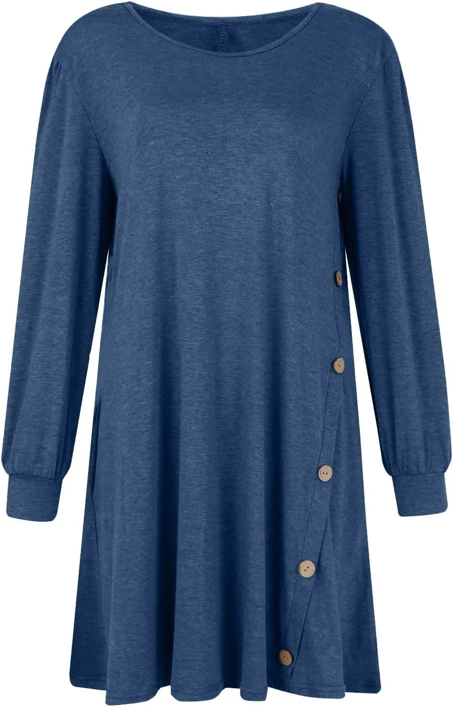 Women's Fall Flowy Casual Long Sleeve Crew Neck Button Solid Wedding Guest Dress