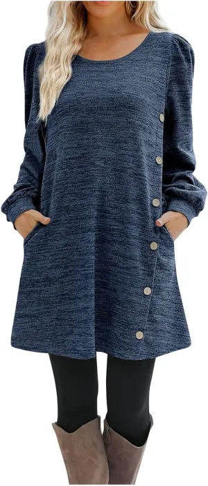 Women's Fall Flowy Casual Long Sleeve Crew Neck Button Solid Wedding Guest Dress