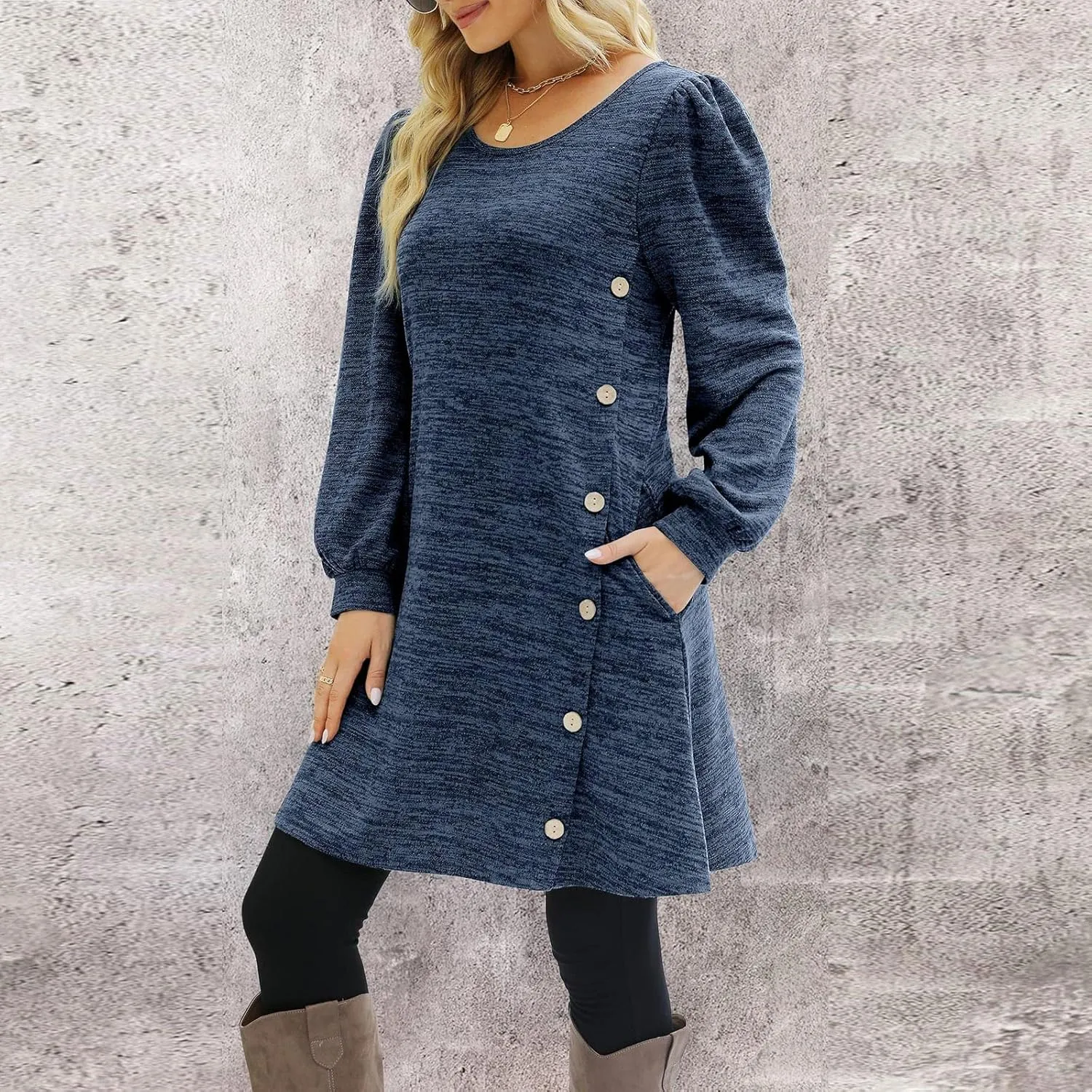 Women's Fall Flowy Casual Long Sleeve Crew Neck Button Solid Wedding Guest Dress