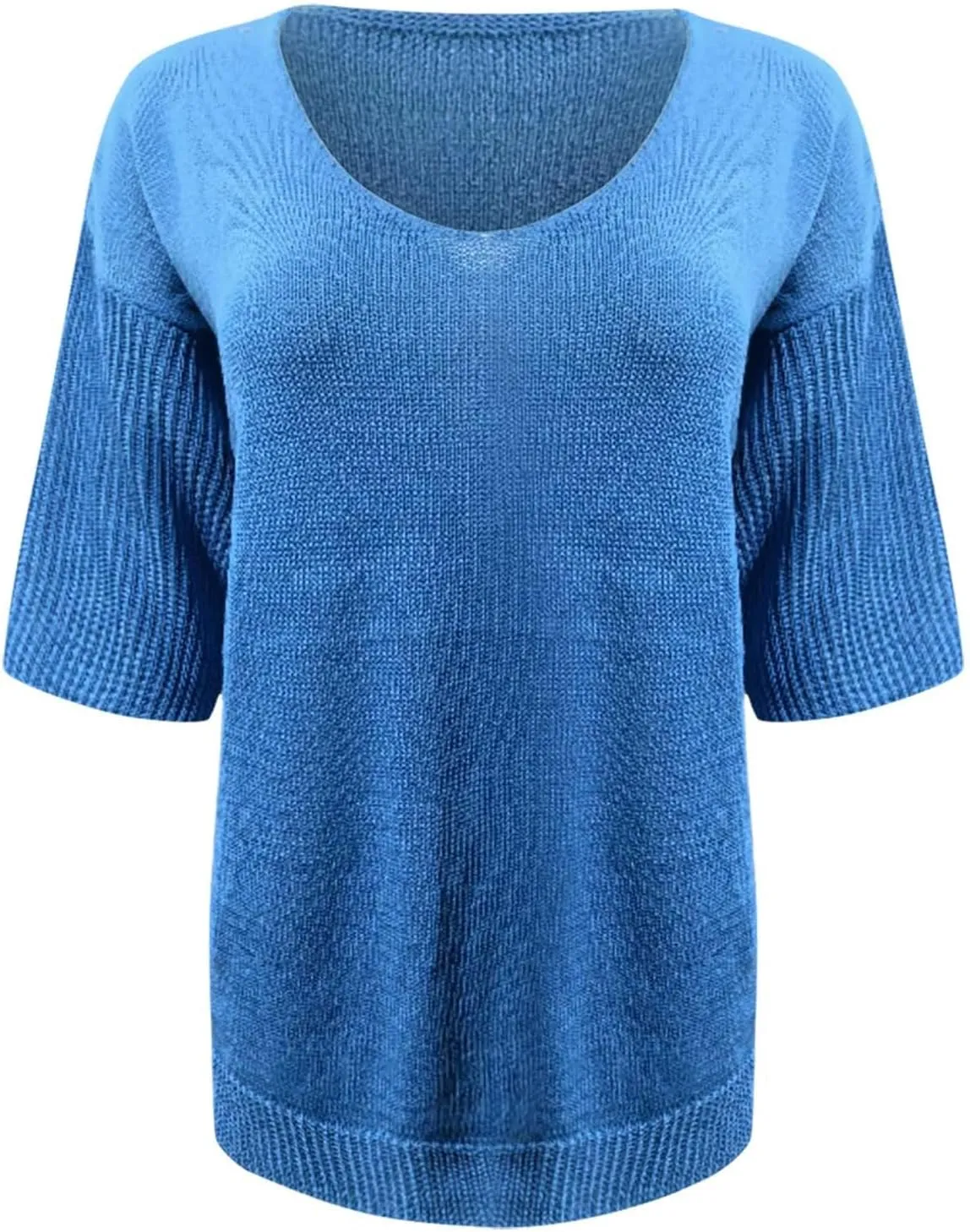 Womens Fashion Sweaters Loose V Neck 3/4 Length Sleeve Pullover Knitted Shirts Fall Solid Color Slouchy Crochet Tops