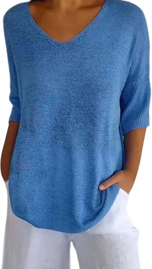 Womens Fashion Sweaters Loose V Neck 3/4 Length Sleeve Pullover Knitted Shirts Fall Solid Color Slouchy Crochet Tops