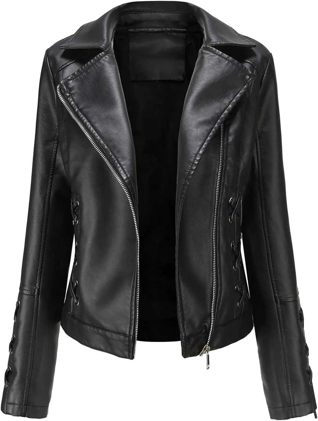Women's Faux Leather Jacket Zip Up Motorcycle Moto Biker Short Coat Fashion String Quilted Long Sleeve Leather Jackets