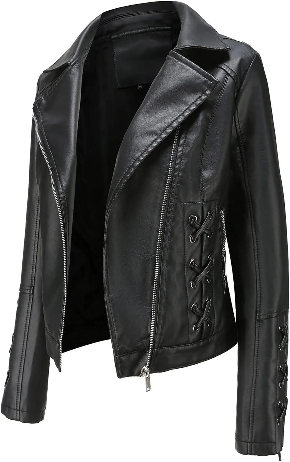 Women's Faux Leather Jacket Zip Up Motorcycle Moto Biker Short Coat Fashion String Quilted Long Sleeve Leather Jackets