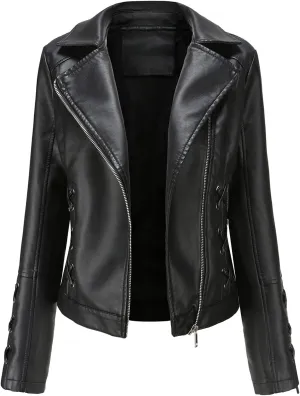 Women's Faux Leather Jacket Zip Up Motorcycle Moto Biker Short Coat Fashion String Quilted Long Sleeve Leather Jackets