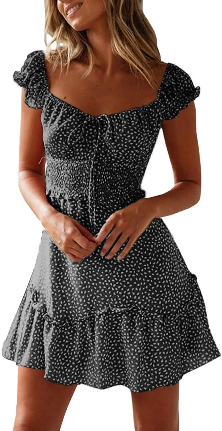 Women's Floral Smocked Tiered Ruffle Dress Pleated High Waist Sweetheart Neckline Mini Dresses Short Sundress