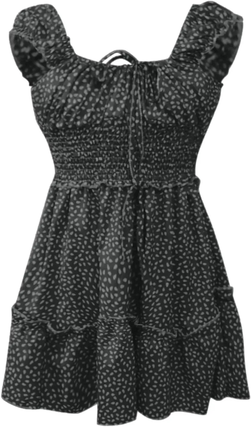 Women's Floral Smocked Tiered Ruffle Dress Pleated High Waist Sweetheart Neckline Mini Dresses Short Sundress