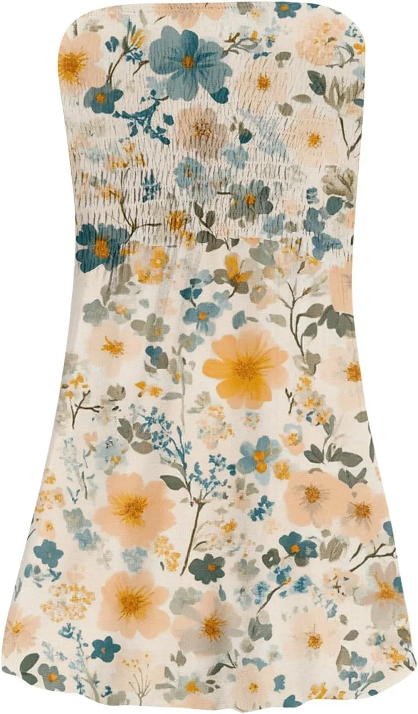 Women's Floral Tube Top Dress Cute Strapless Dress A Line Beach Vacation Sundress Smocked Boho Summer Sundresses