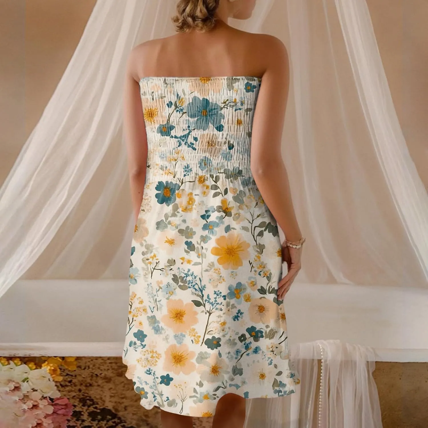 Women's Floral Tube Top Dress Cute Strapless Dress A Line Beach Vacation Sundress Smocked Boho Summer Sundresses