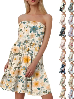 Women's Floral Tube Top Dress Cute Strapless Dress A Line Beach Vacation Sundress Smocked Boho Summer Sundresses