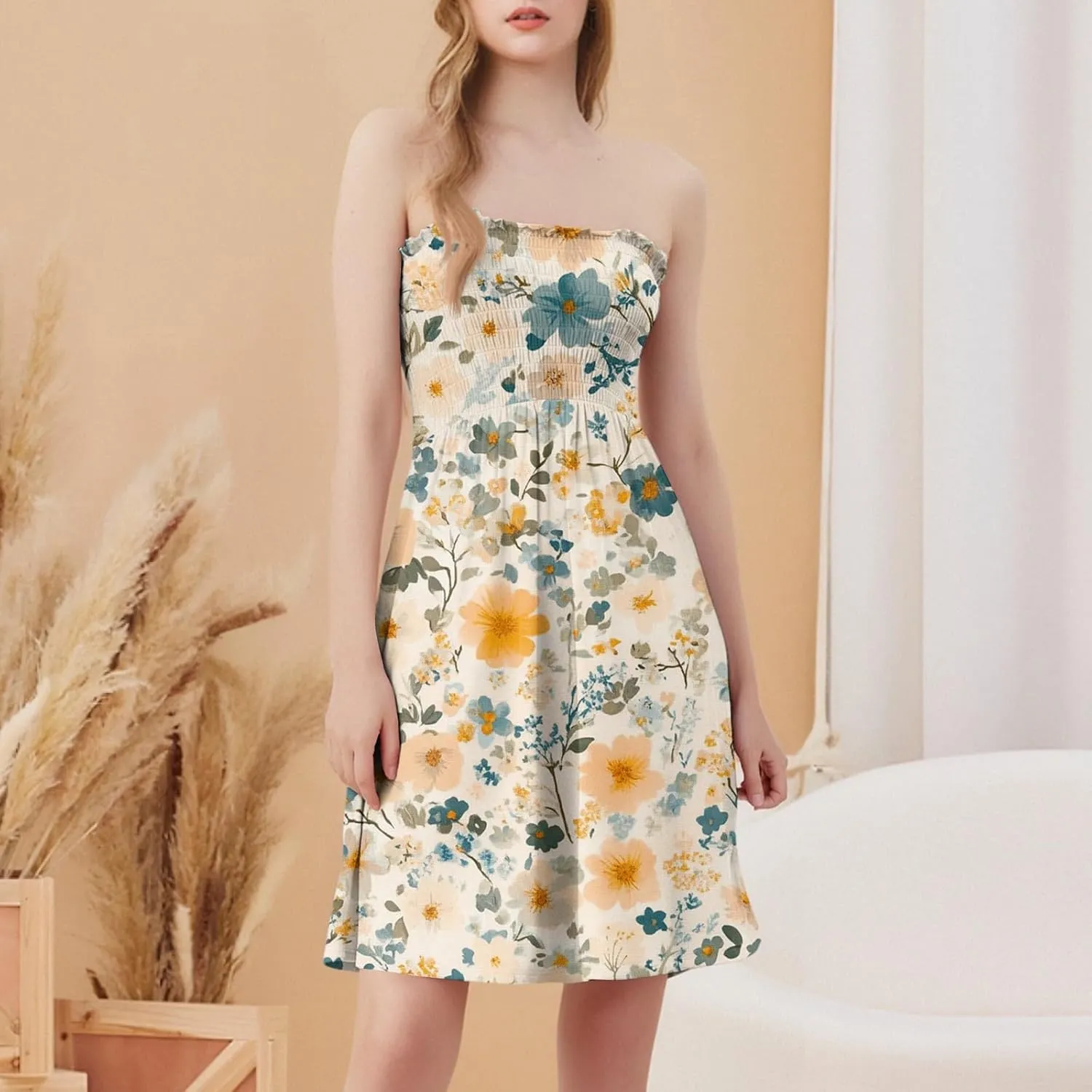 Women's Floral Tube Top Dress Cute Strapless Dress A Line Beach Vacation Sundress Smocked Boho Summer Sundresses