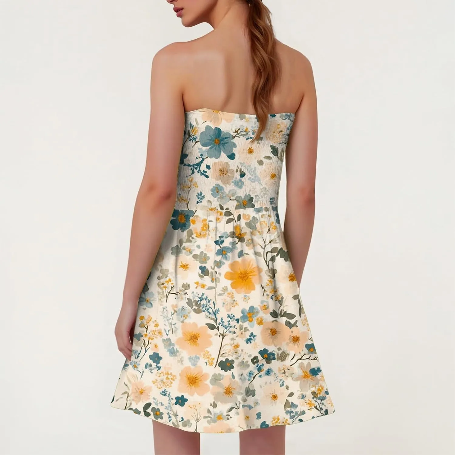 Women's Floral Tube Top Dress Cute Strapless Dress A Line Beach Vacation Sundress Smocked Boho Summer Sundresses
