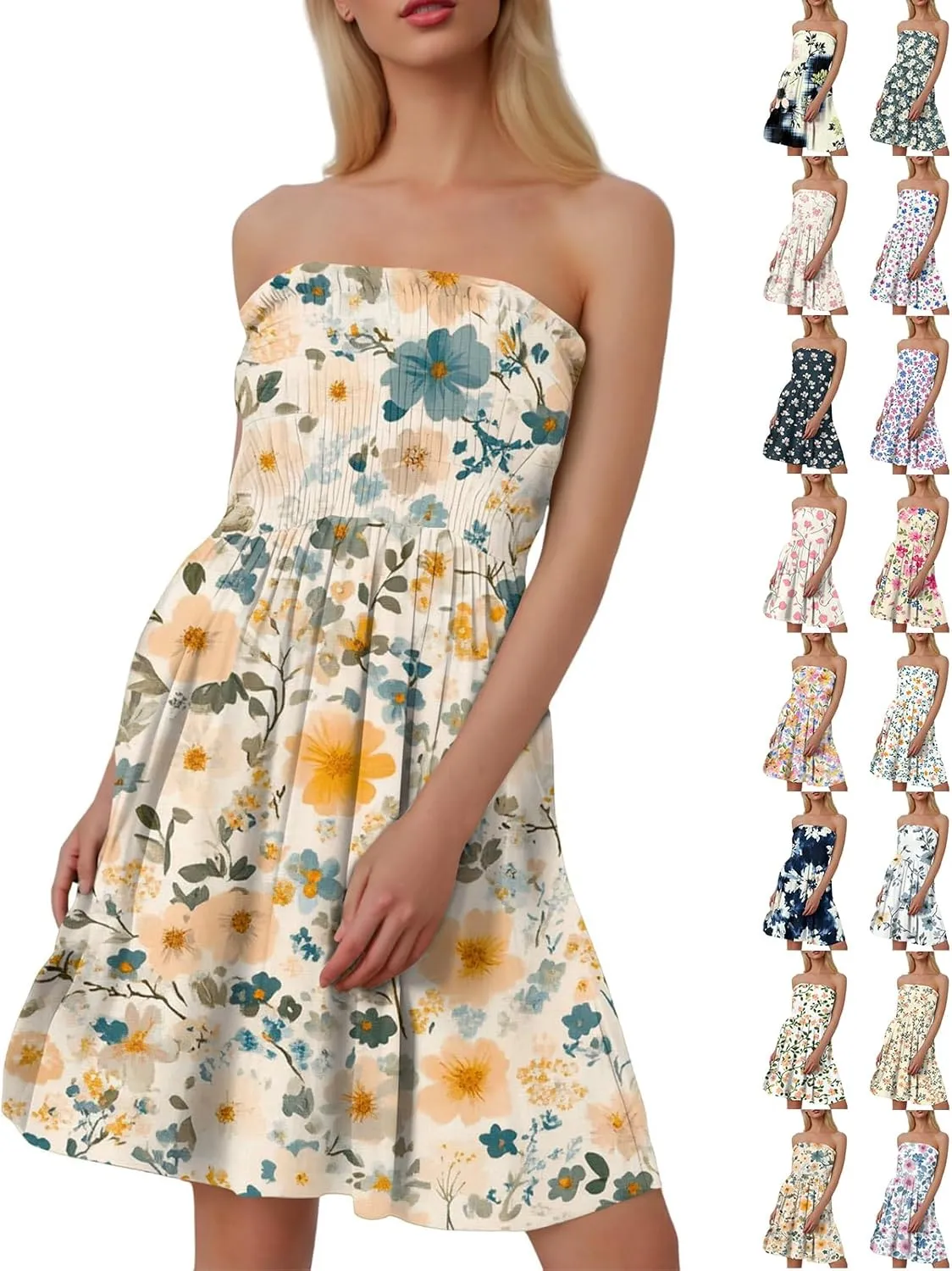 Women's Floral Tube Top Dress Cute Strapless Dress A Line Beach Vacation Sundress Smocked Boho Summer Sundresses