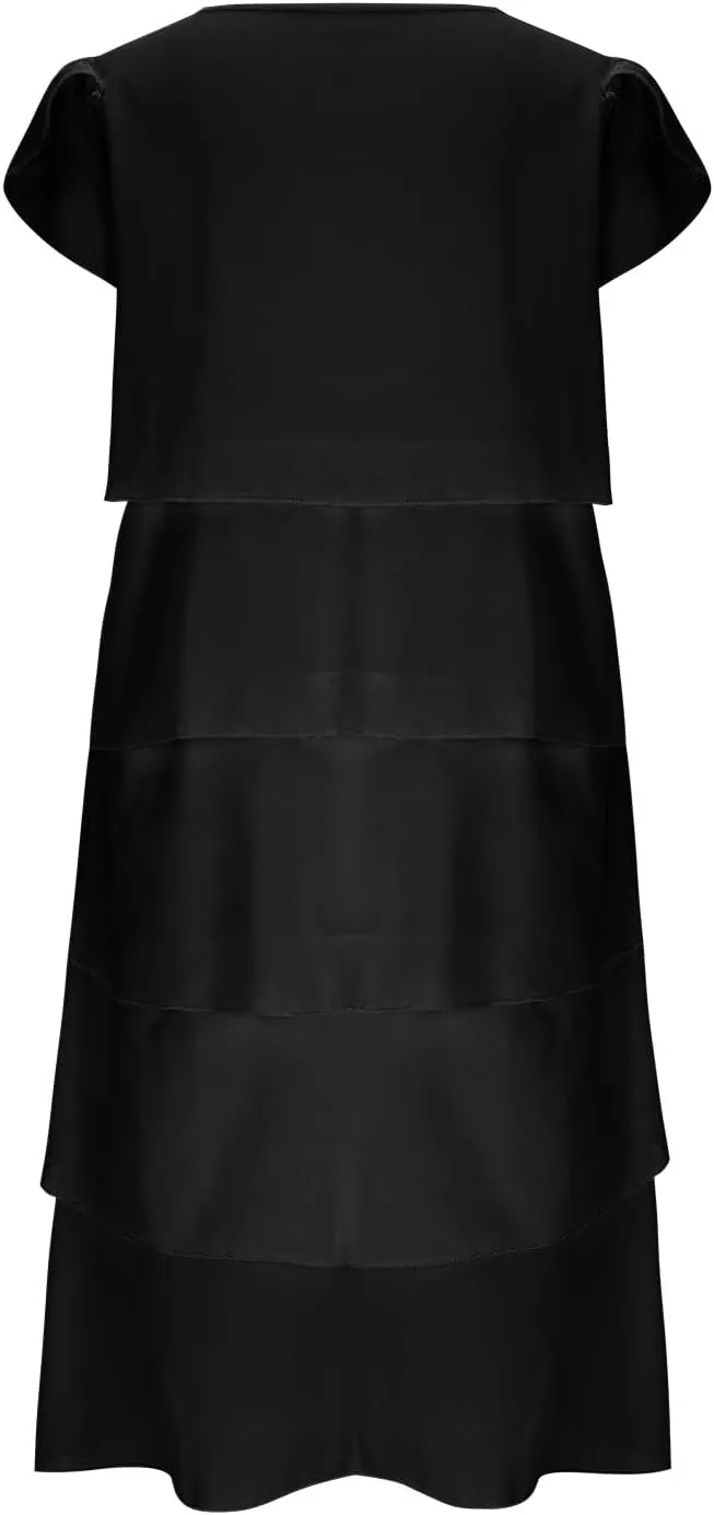 Women's Flowy Chiffon Tiered Midi Dress Summer Elegant Short Sleeve Layered Cocktail Dresses Evening Gown Wedding Guest Dress