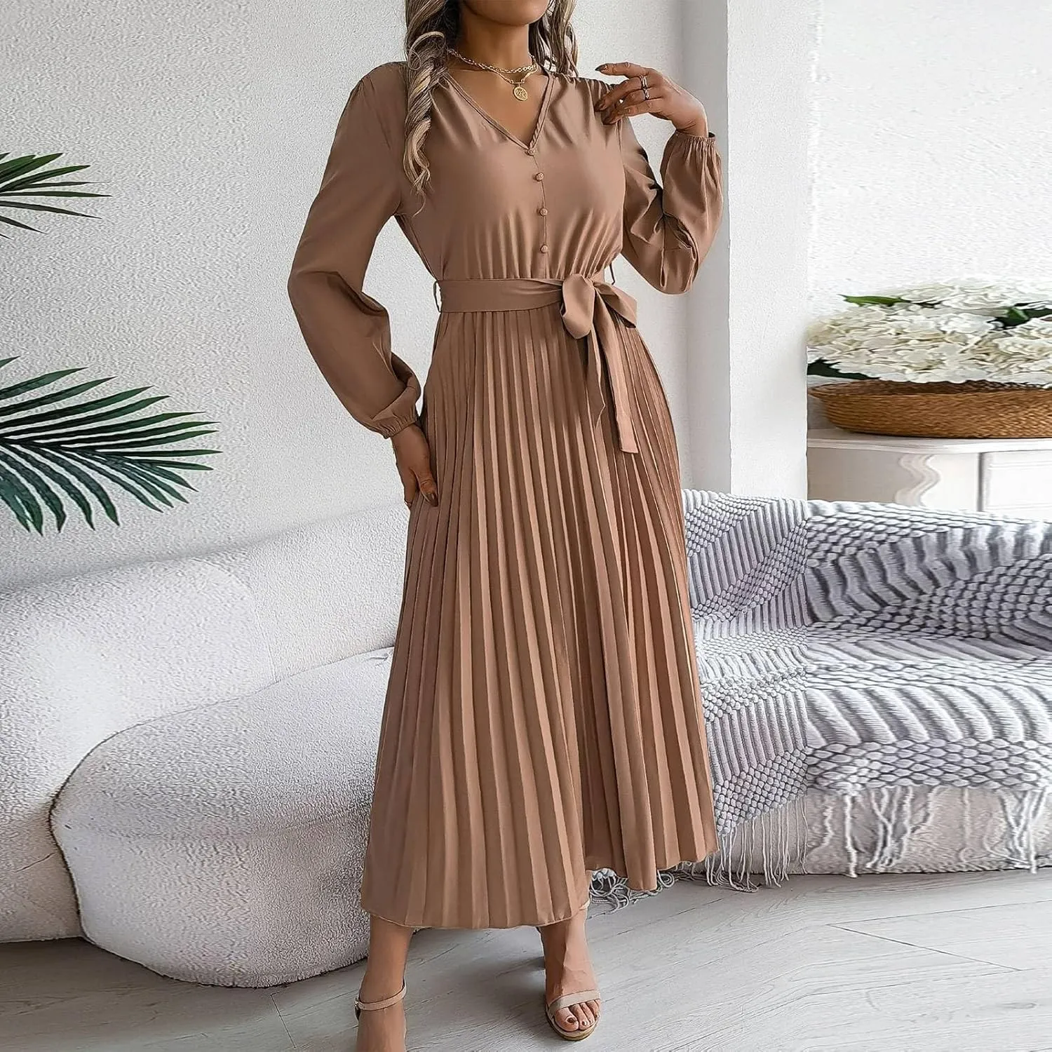 Women's Formal Dresses Wedding Guest Trendy V Neck Long Sleeve Solid Color Flowy Prom Cocktail Maxi Dress, S-XL
