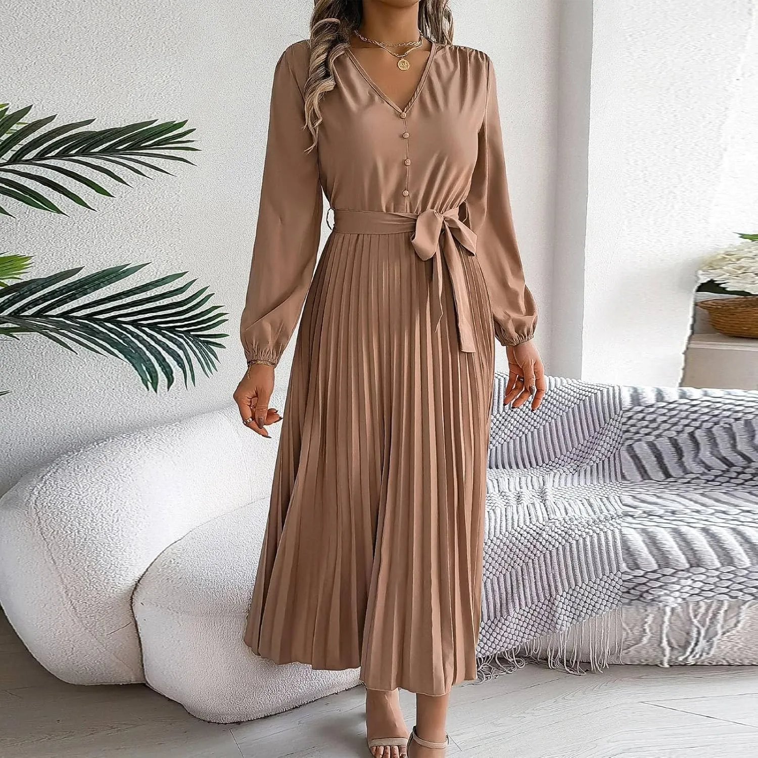 Women's Formal Dresses Wedding Guest Trendy V Neck Long Sleeve Solid Color Flowy Prom Cocktail Maxi Dress, S-XL